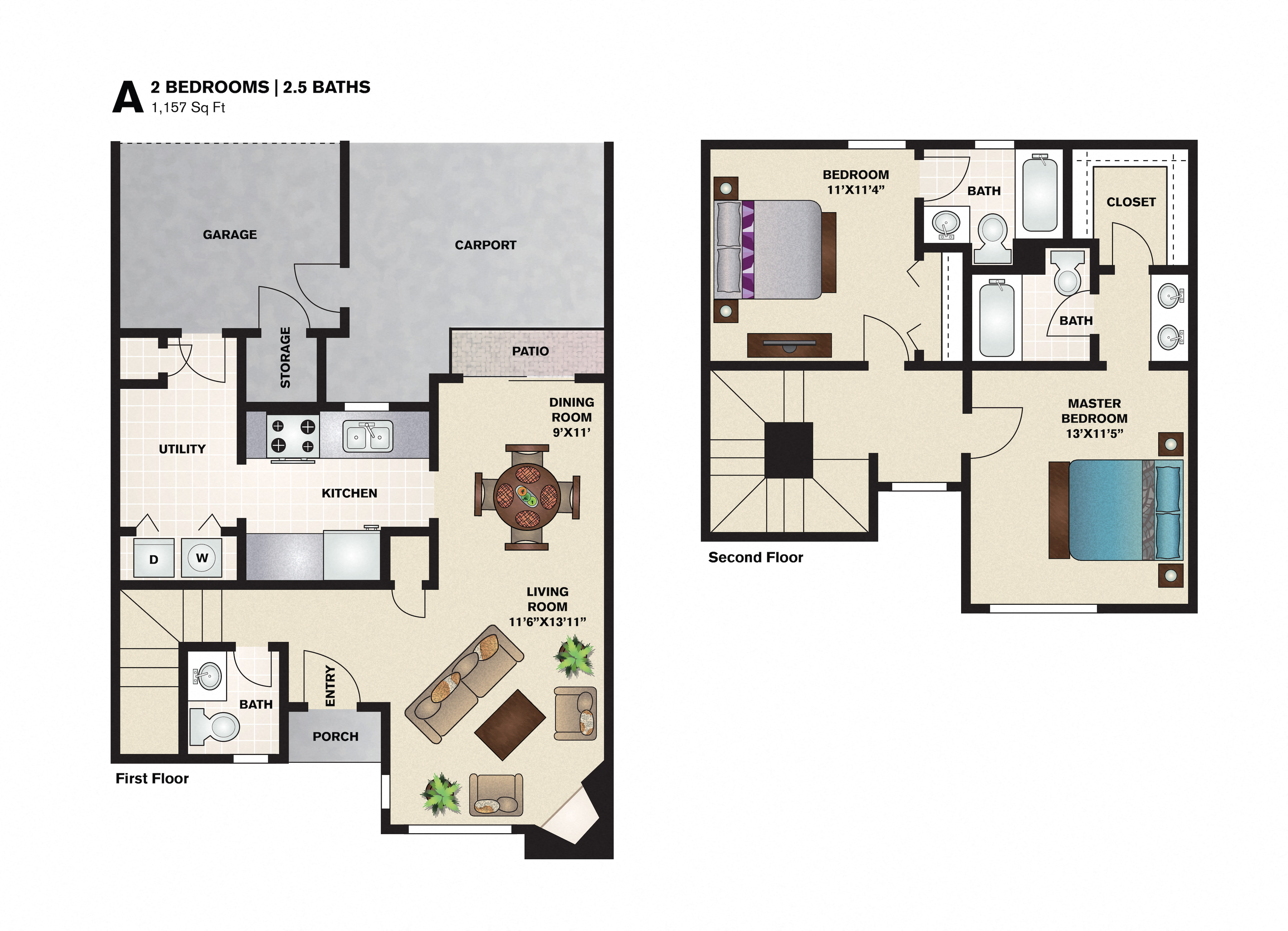 Floor plan for 2 beds, 2.5 baths, 1157 sqft
